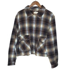 Lucky Brand Womens Flannel Plaid Cropped Jacket XL Brown Granola Girl Preppy
